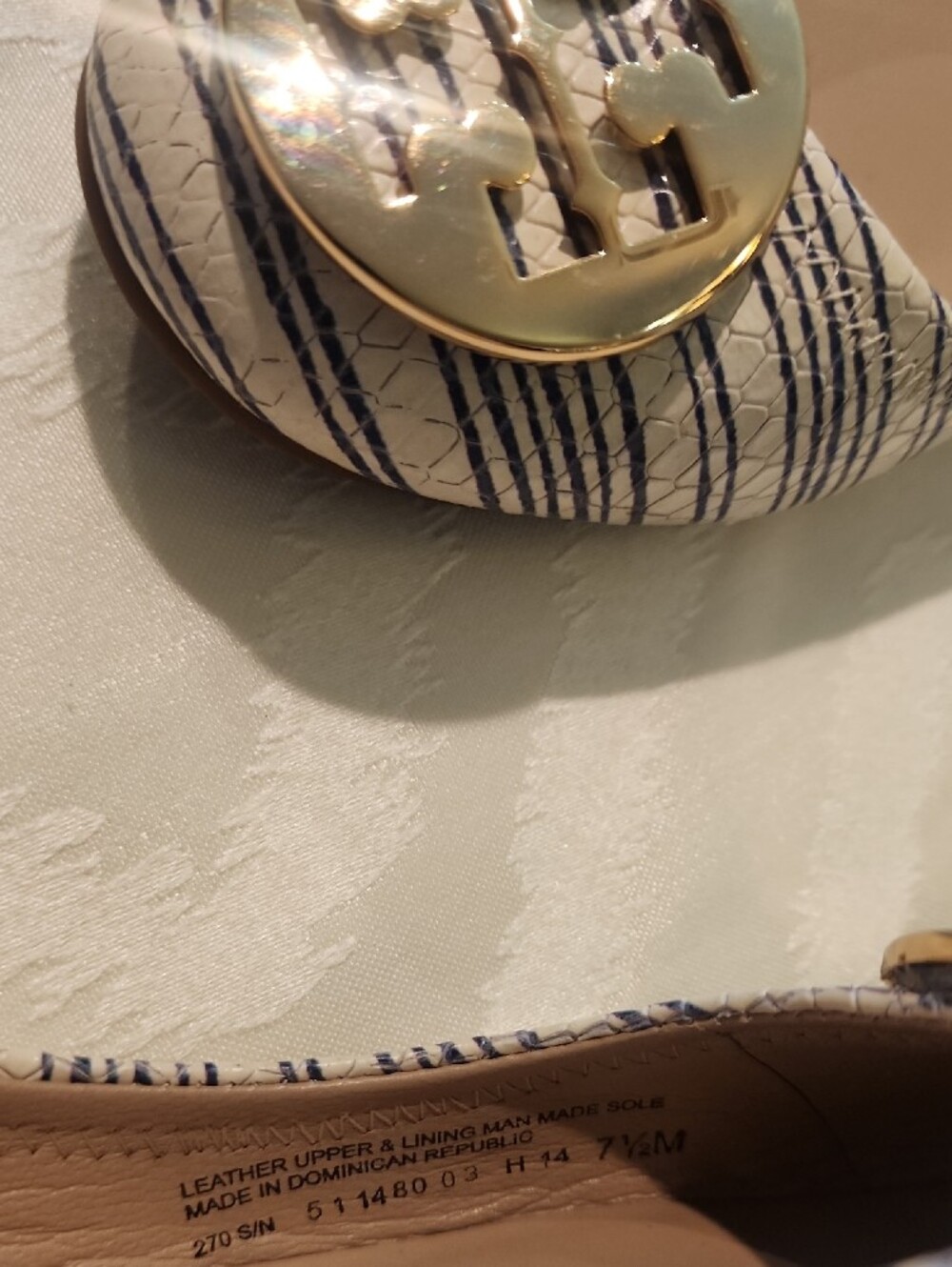 Tory Burch White and Navy Striped Reva Flats with Gold Logo - Picture 4 of 8